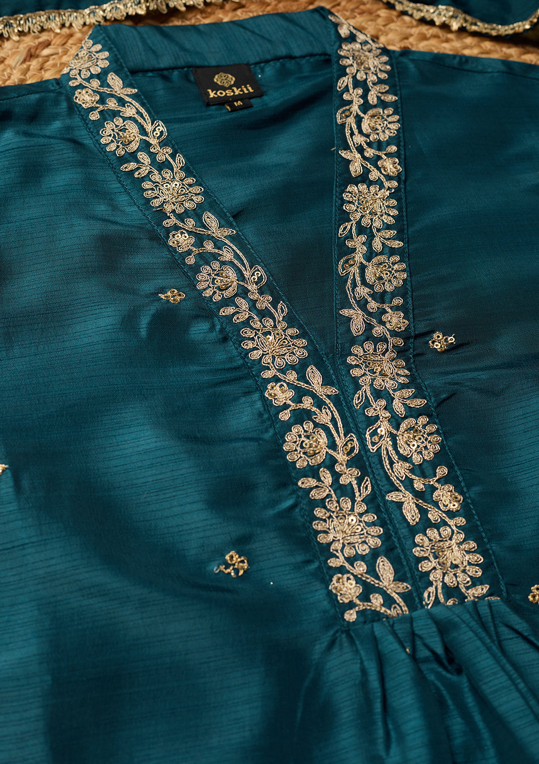 Peacock Blue Art Silk Cording A Line Kurta With Pant Regular And Dupatta
