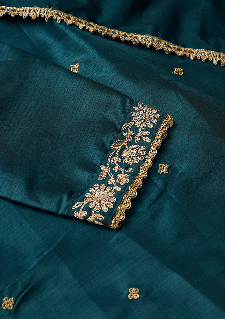 Peacock Blue Art Silk Cording A Line Kurta With Pant Regular And Dupatta
