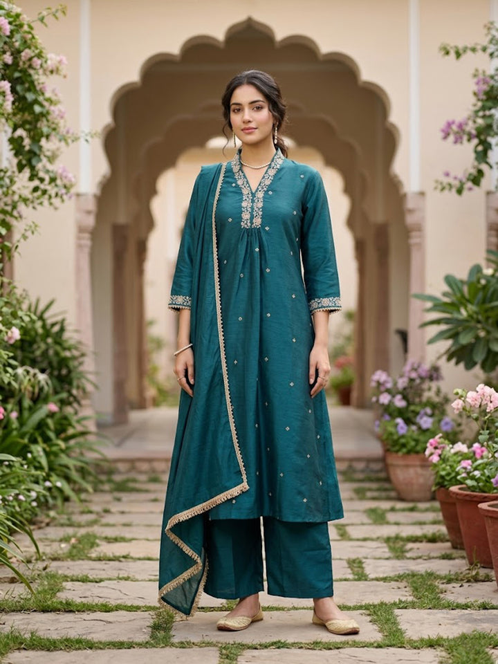 Peacock Blue Art Silk Cording A Line Kurta With Pant Regular And Dupatta