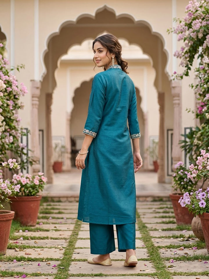 Peacock Blue Art Silk Cording A Line Kurta With Pant Regular And Dupatta