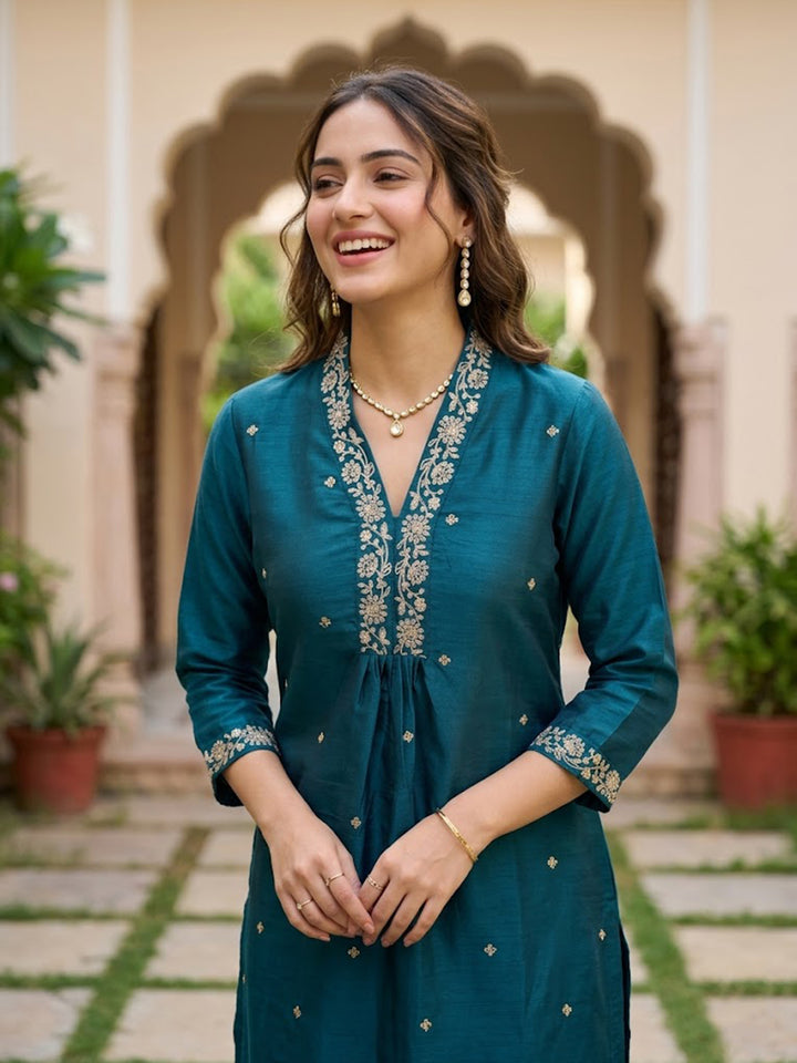 Peacock Blue Art Silk Cording A Line Kurta With Pant Regular And Dupatta