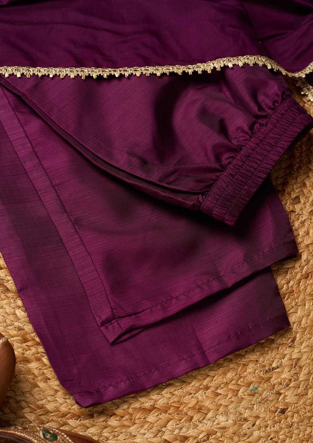 Wine Art Silk Cording A Line Kurta With Pant Regular And Dupatta