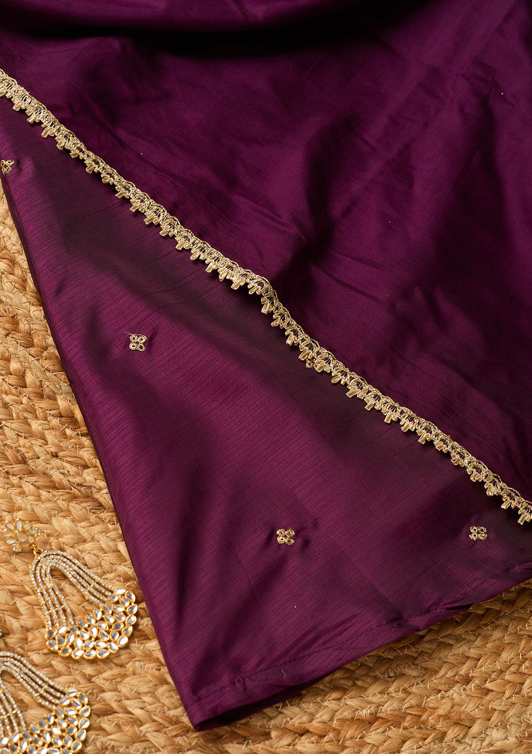 Wine Art Silk Cording A Line Kurta With Pant Regular And Dupatta