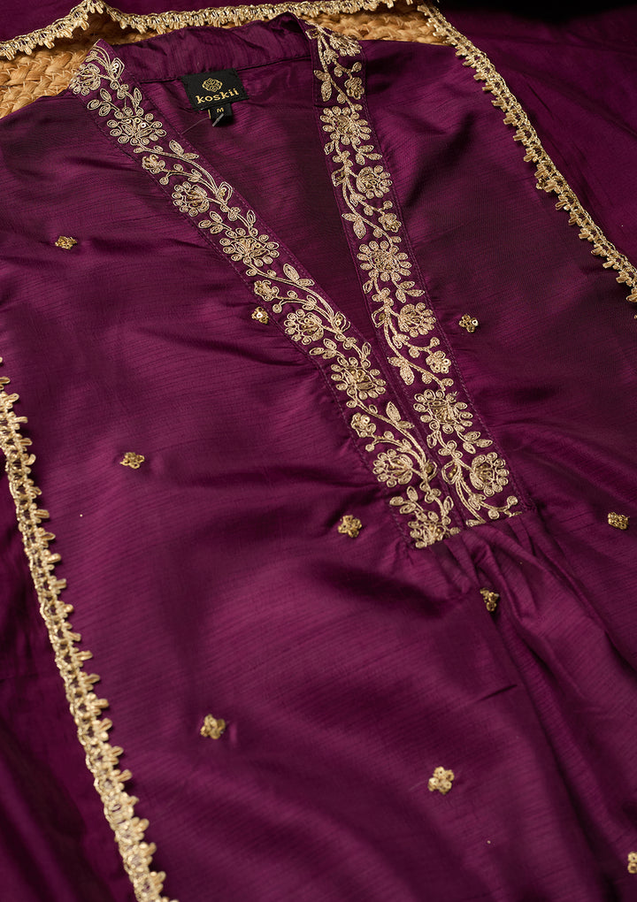 Wine Art Silk Cording A Line Kurta With Pant Regular And Dupatta