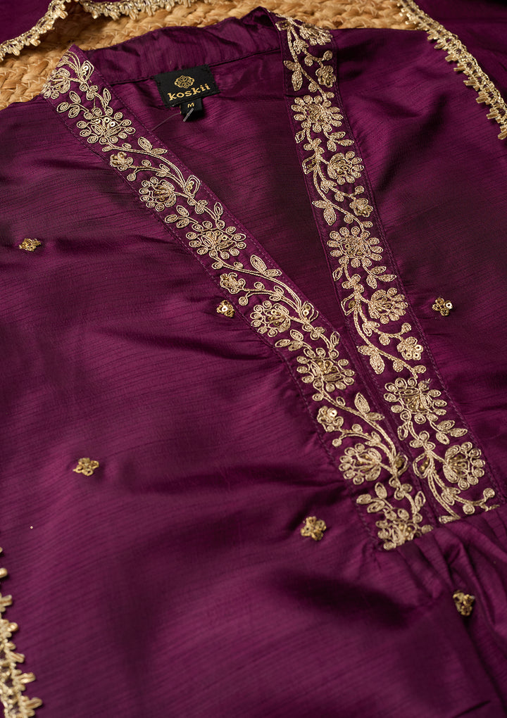 Wine Art Silk Cording A Line Kurta With Pant Regular And Dupatta