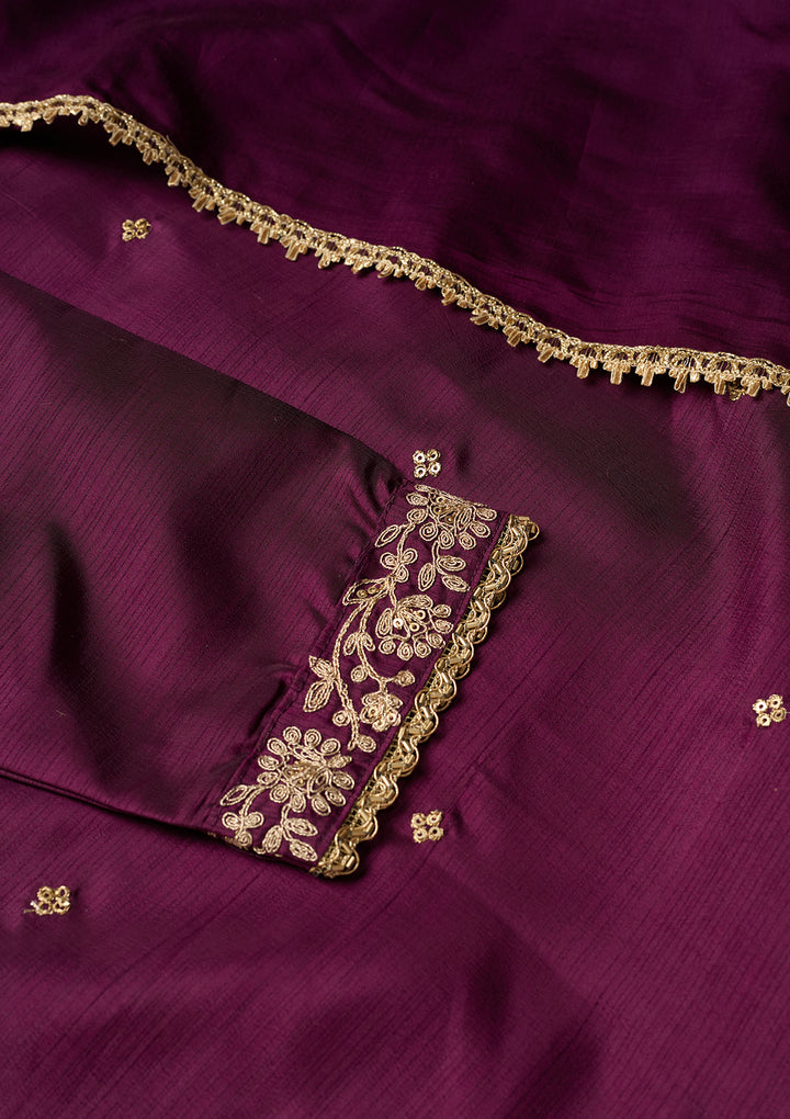 Wine Art Silk Cording A Line Kurta With Pant Regular And Dupatta
