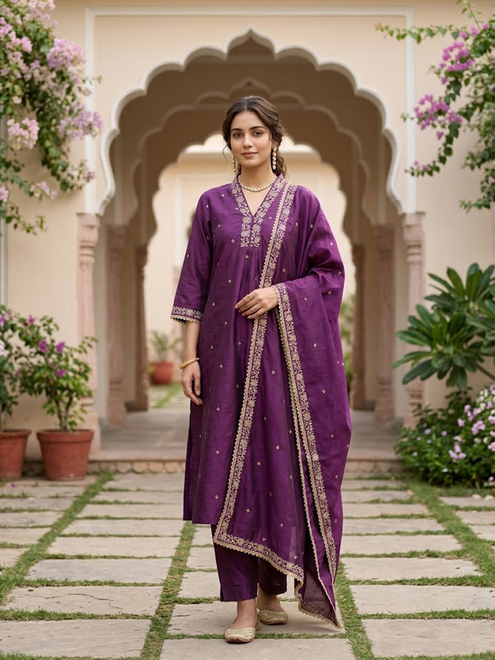Wine Art Silk Cording A Line Kurta With Pant Regular And Dupatta