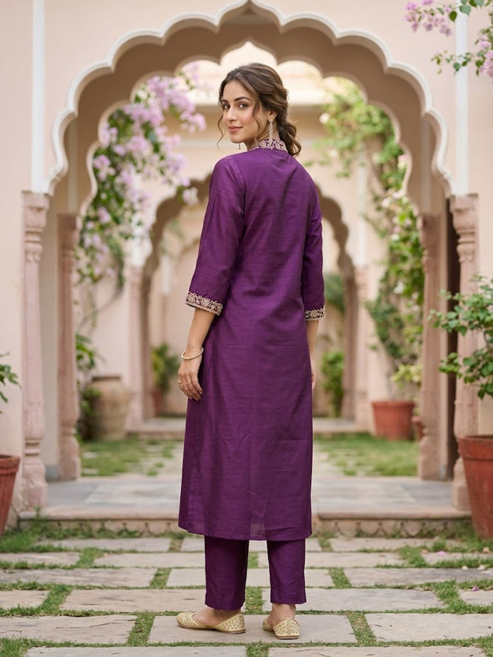 Wine Art Silk Cording A Line Kurta With Pant Regular And Dupatta