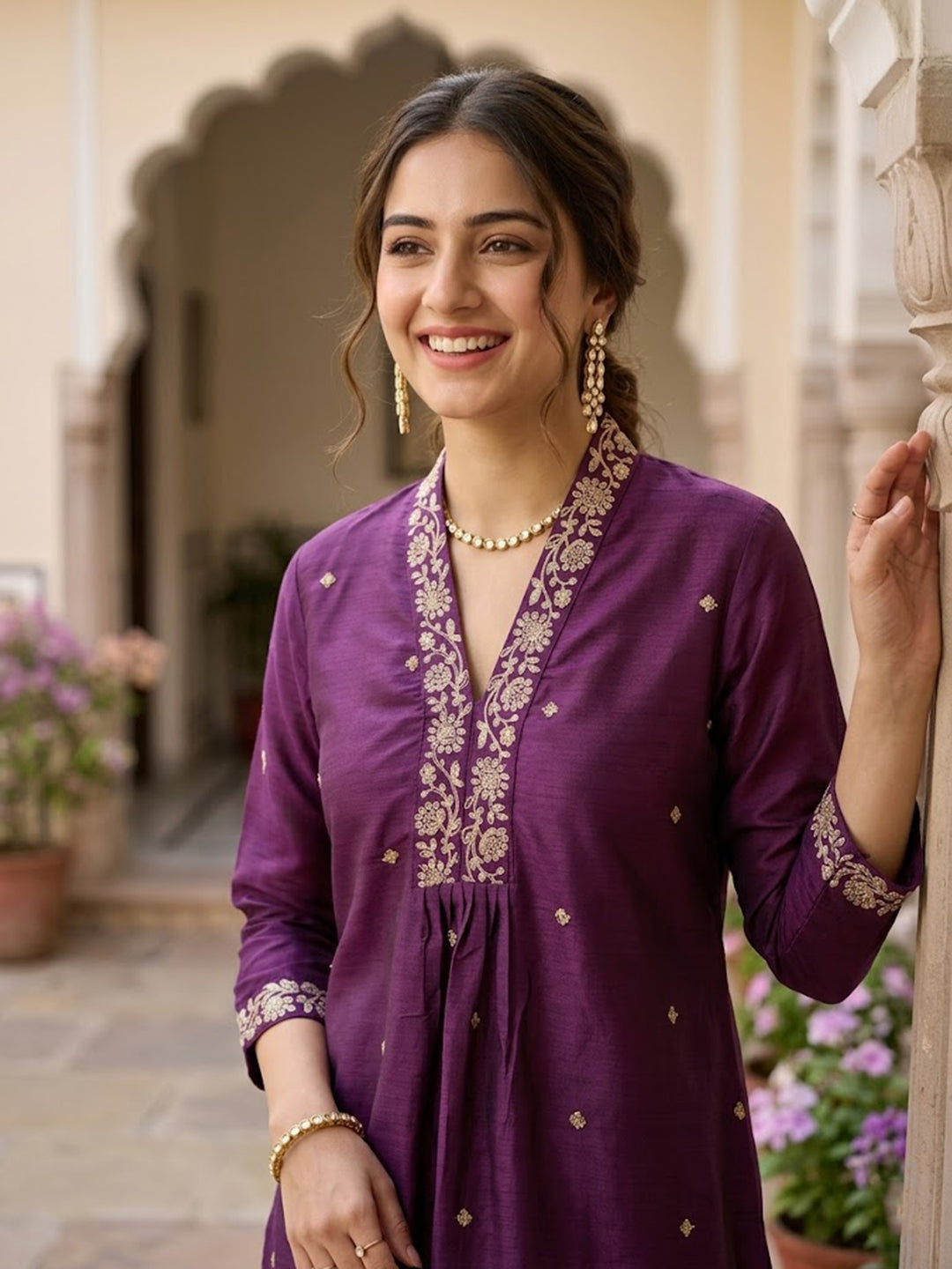 Wine Art Silk Cording A Line Kurta With Pant Regular And Dupatta