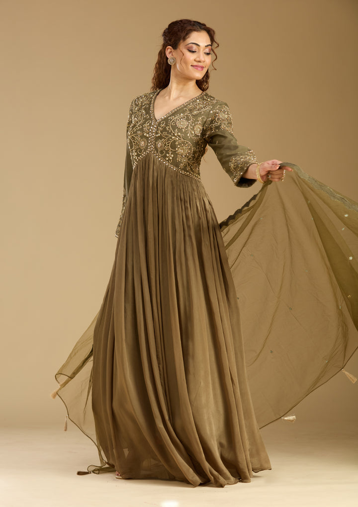 Mehendi Georgette Zariwork Anarkali Kurta With Bottom And Dupatta