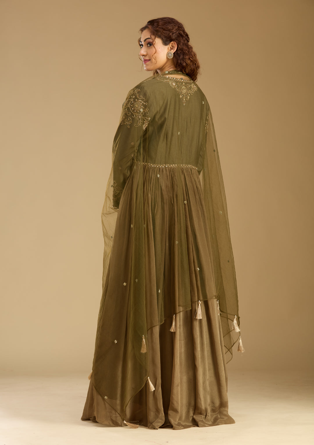 Mehendi Georgette Zariwork Anarkali Kurta With Bottom And Dupatta