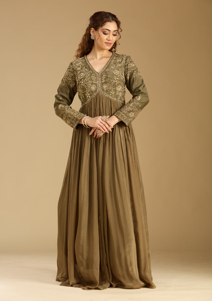 Mehendi Georgette Zariwork Anarkali Kurta With Bottom And Dupatta