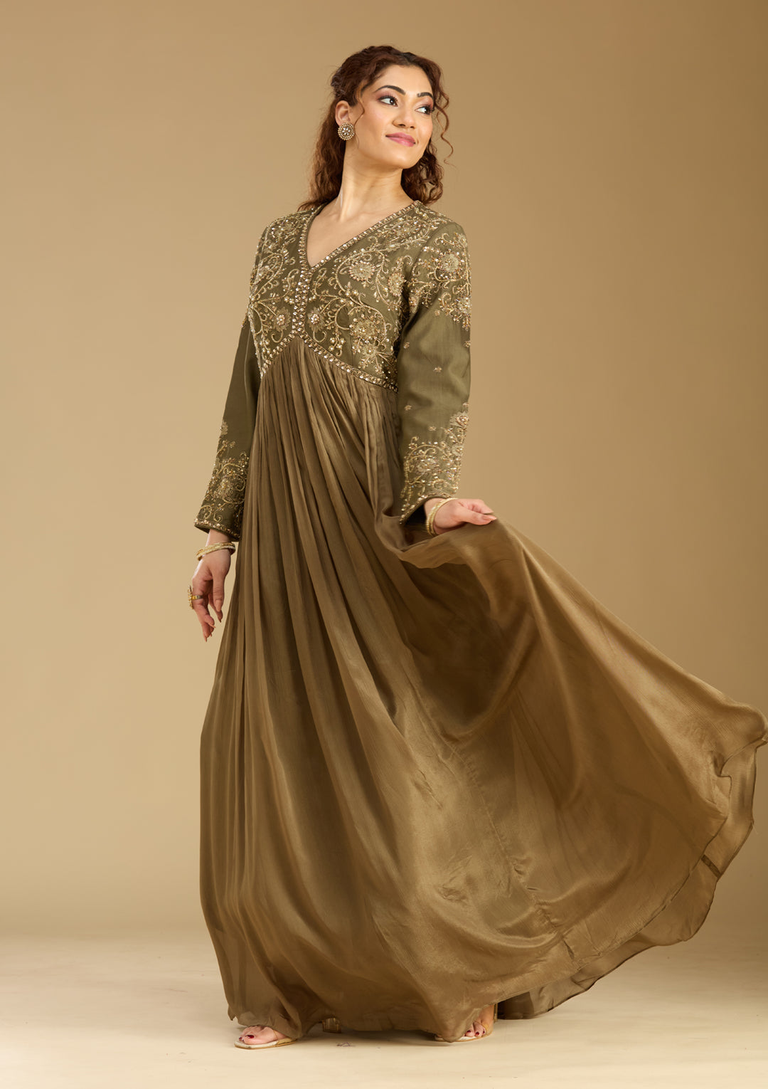 Mehendi Georgette Zariwork Anarkali Kurta With Bottom And Dupatta