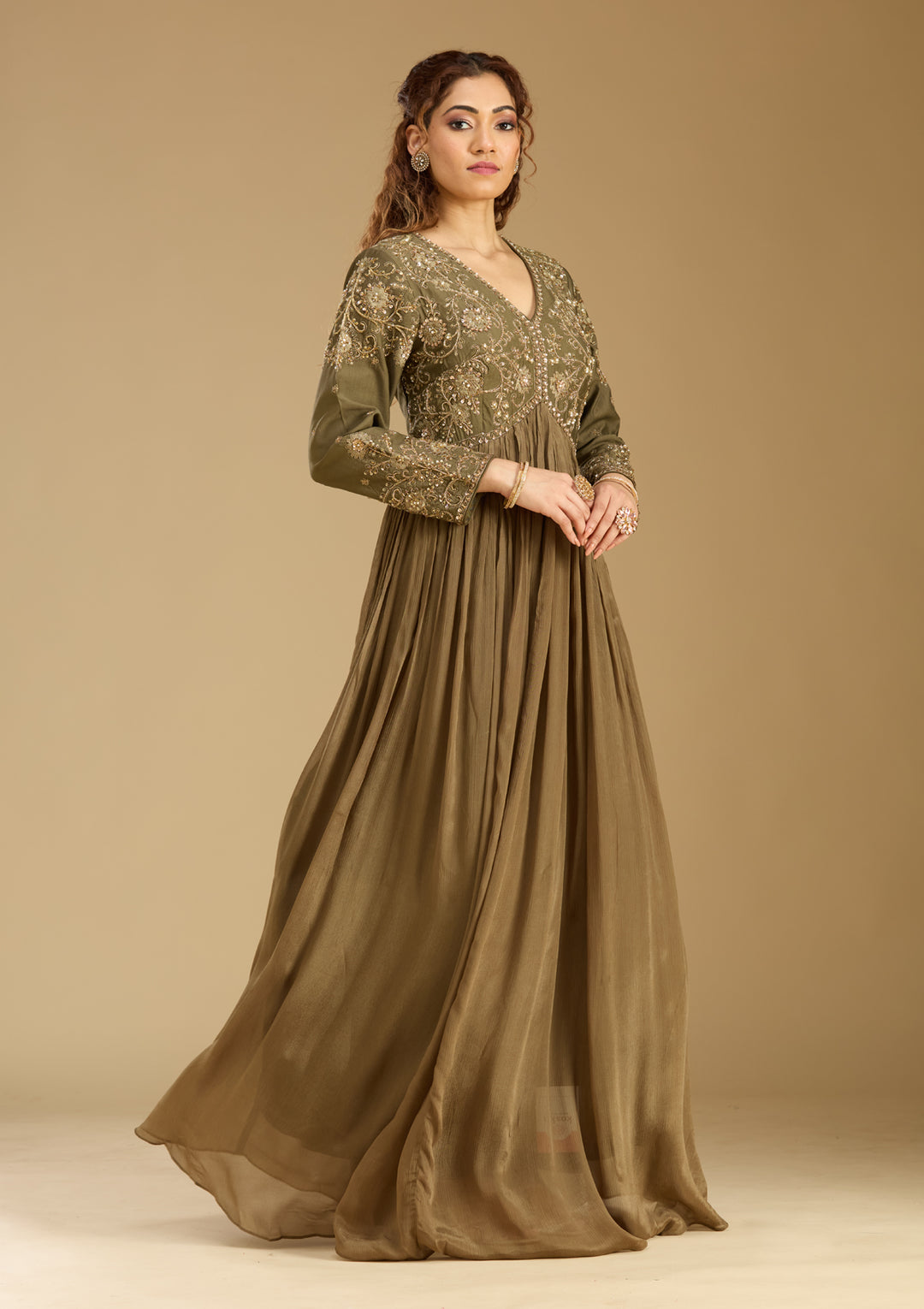 Mehendi Georgette Zariwork Anarkali Kurta With Bottom And Dupatta