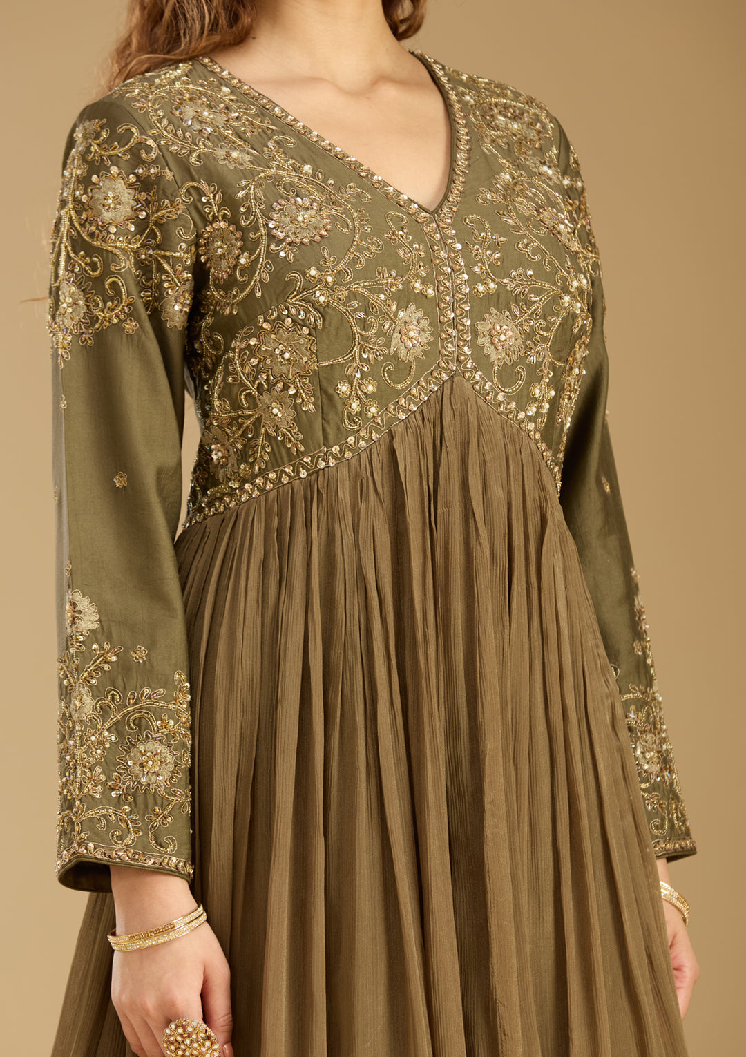 Mehendi Georgette Zariwork Anarkali Kurta With Bottom And Dupatta