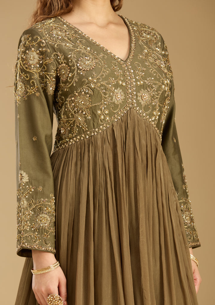 Mehendi Georgette Zariwork Anarkali Kurta With Bottom And Dupatta
