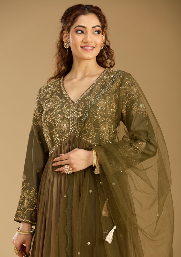 Mehendi Georgette Zariwork Anarkali Kurta With Bottom And Dupatta