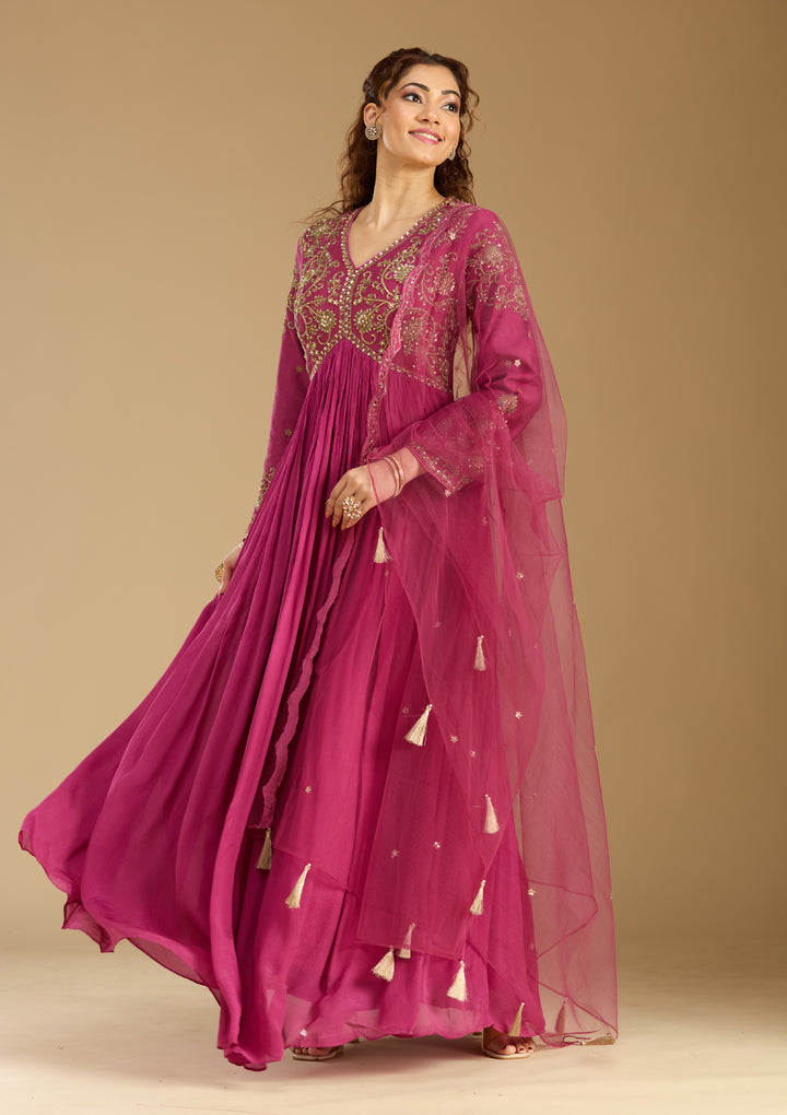 Rani Pink Georgette Zariwork Anarkali Kurta With Bottom And Dupatta