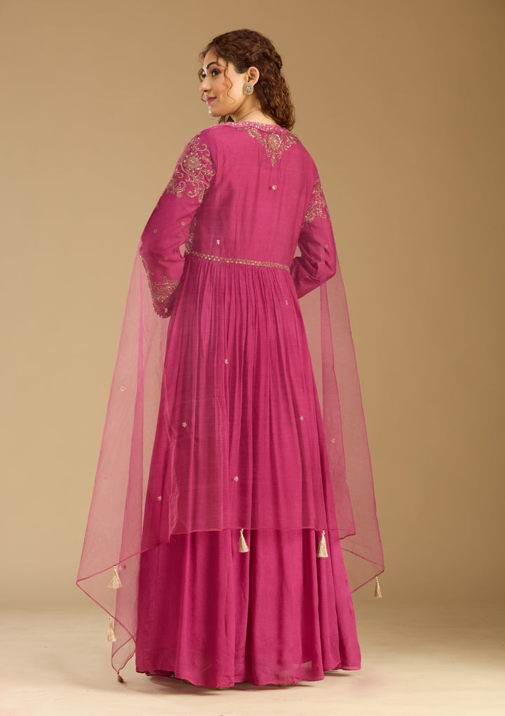 Rani Pink Georgette Zariwork Anarkali Kurta With Bottom And Dupatta