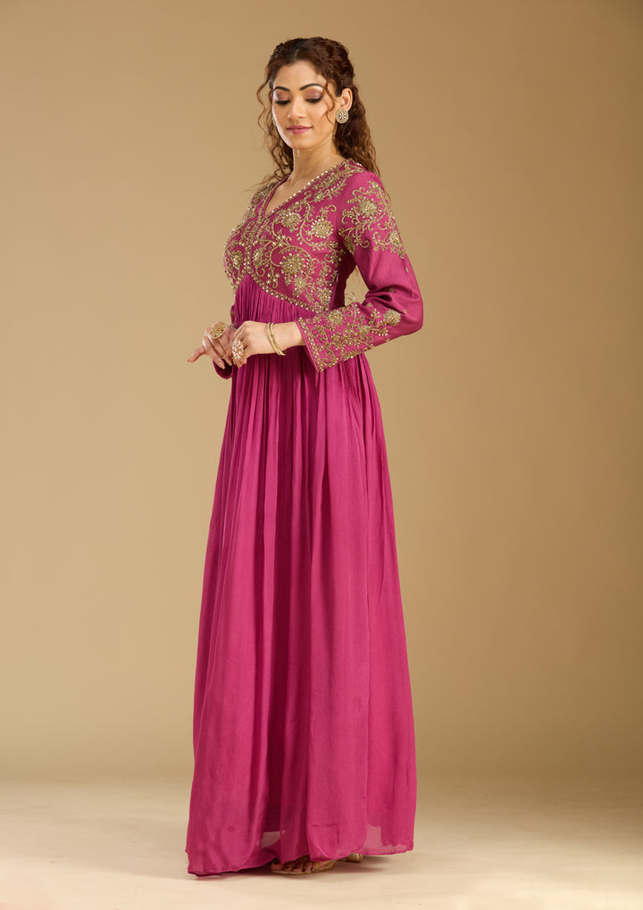Rani Pink Georgette Zariwork Anarkali Kurta With Bottom And Dupatta