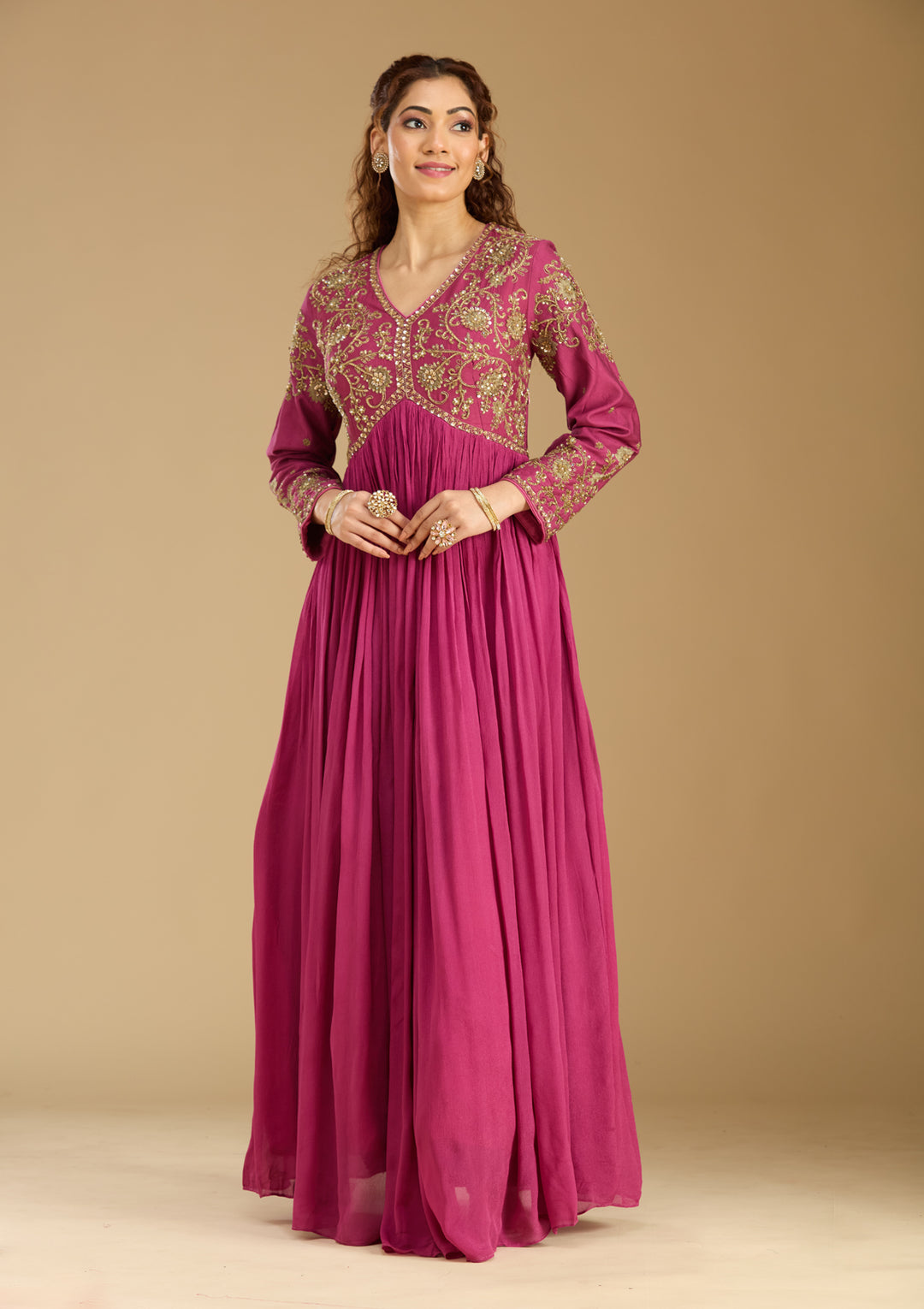 Rani Pink Georgette Zariwork Anarkali Kurta With Bottom And Dupatta