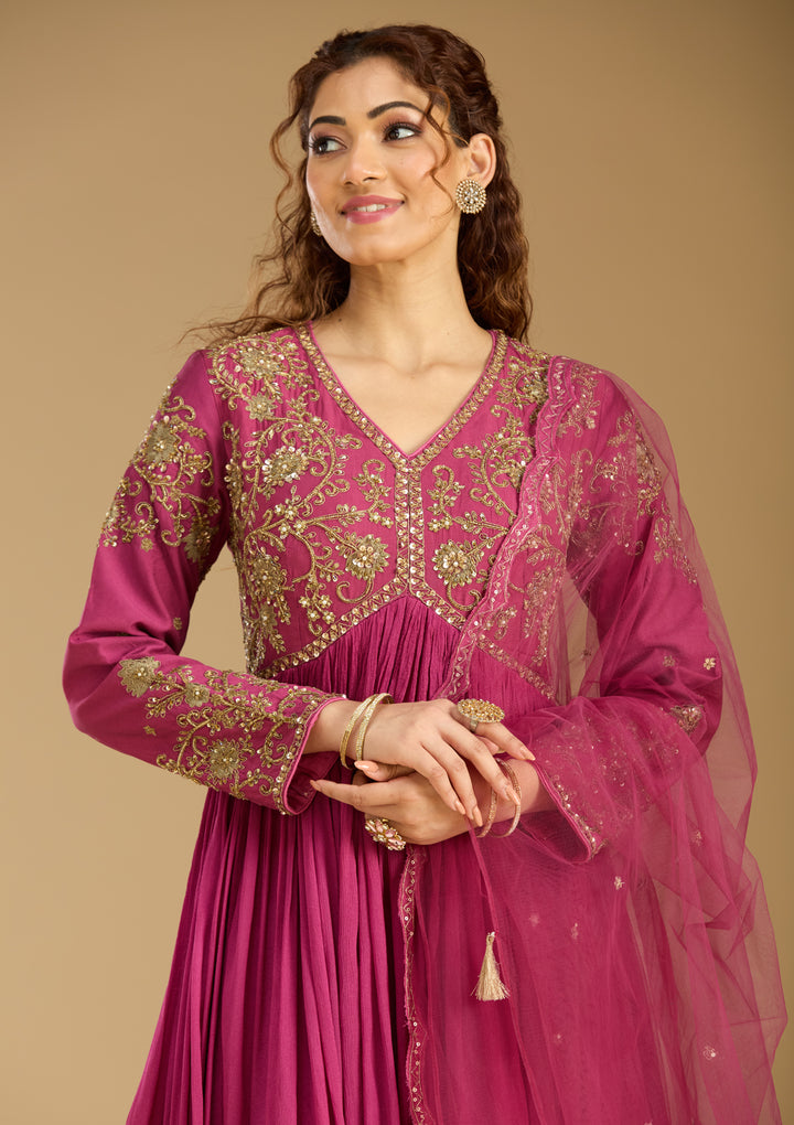 Rani Pink Georgette Zariwork Anarkali Kurta With Bottom And Dupatta