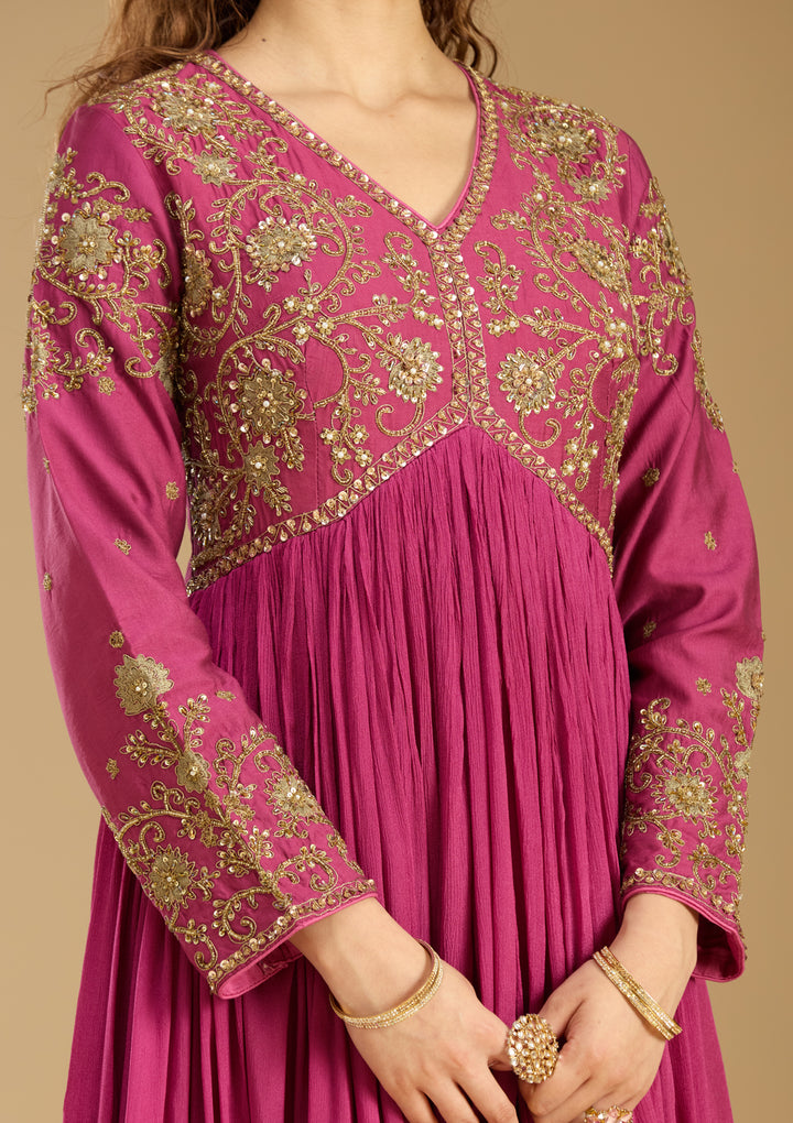 Rani Pink Georgette Zariwork Anarkali Kurta With Bottom And Dupatta