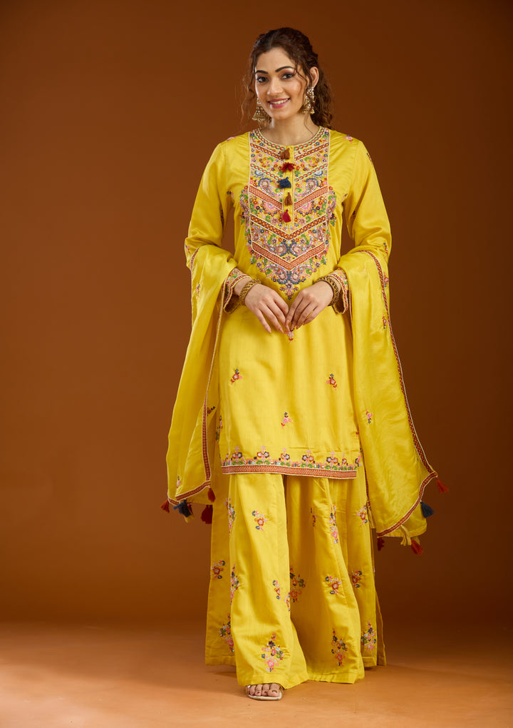 Mustard Yellow Chanderi Threadwork Straight Kurta With Palazzo And Dupatta