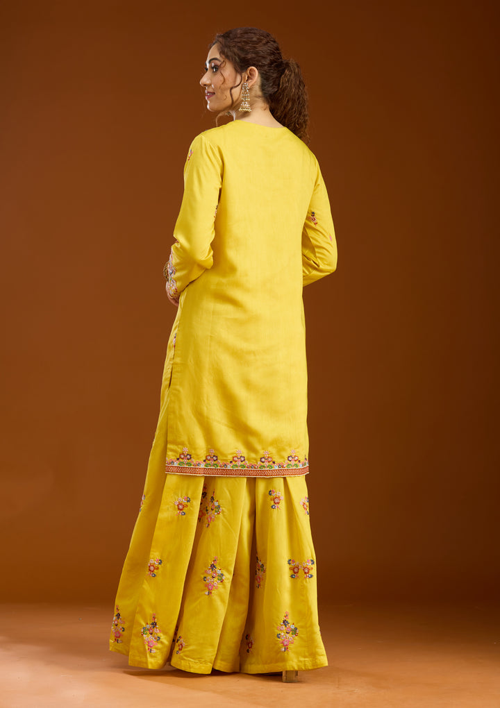 Mustard Yellow Chanderi Threadwork Straight Kurta With Palazzo And Dupatta