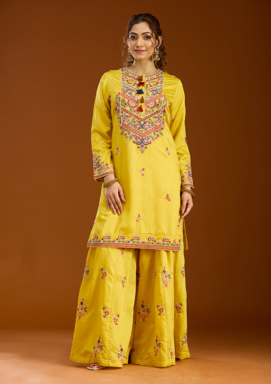 Mustard Yellow Chanderi Threadwork Straight Kurta With Palazzo And Dupatta
