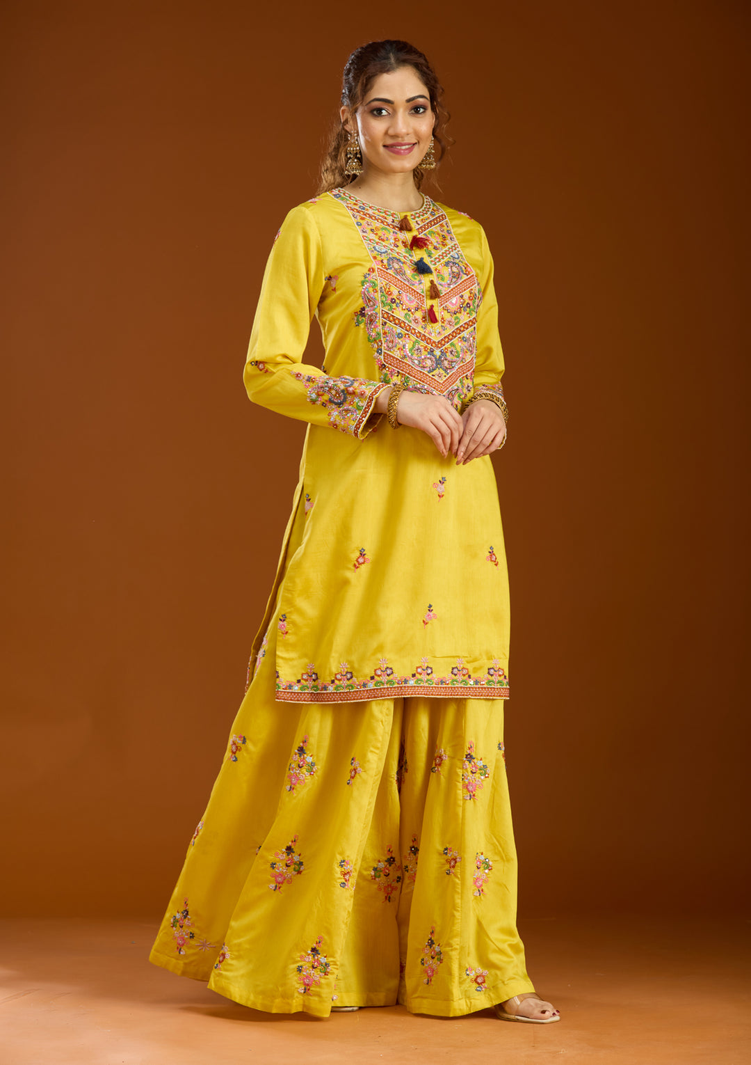 Mustard Yellow Chanderi Threadwork Straight Kurta With Palazzo And Dupatta