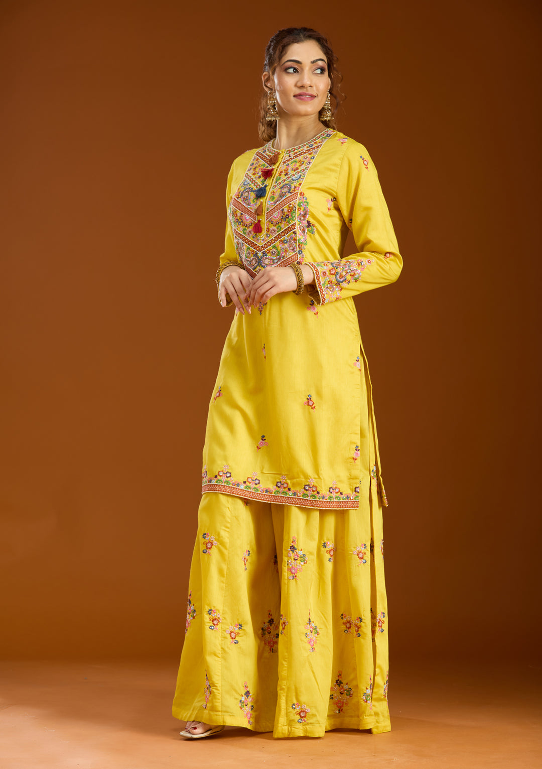 Mustard Yellow Chanderi Threadwork Straight Kurta With Palazzo And Dupatta