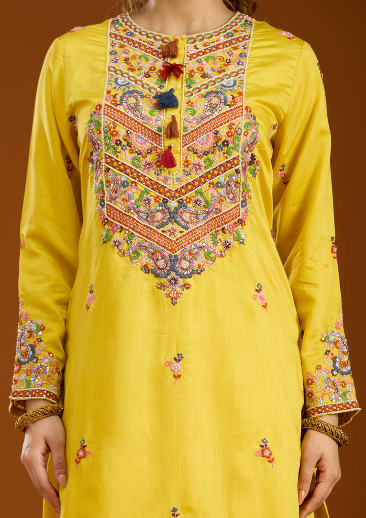 Mustard Yellow Chanderi Threadwork Straight Kurta With Palazzo And Dupatta