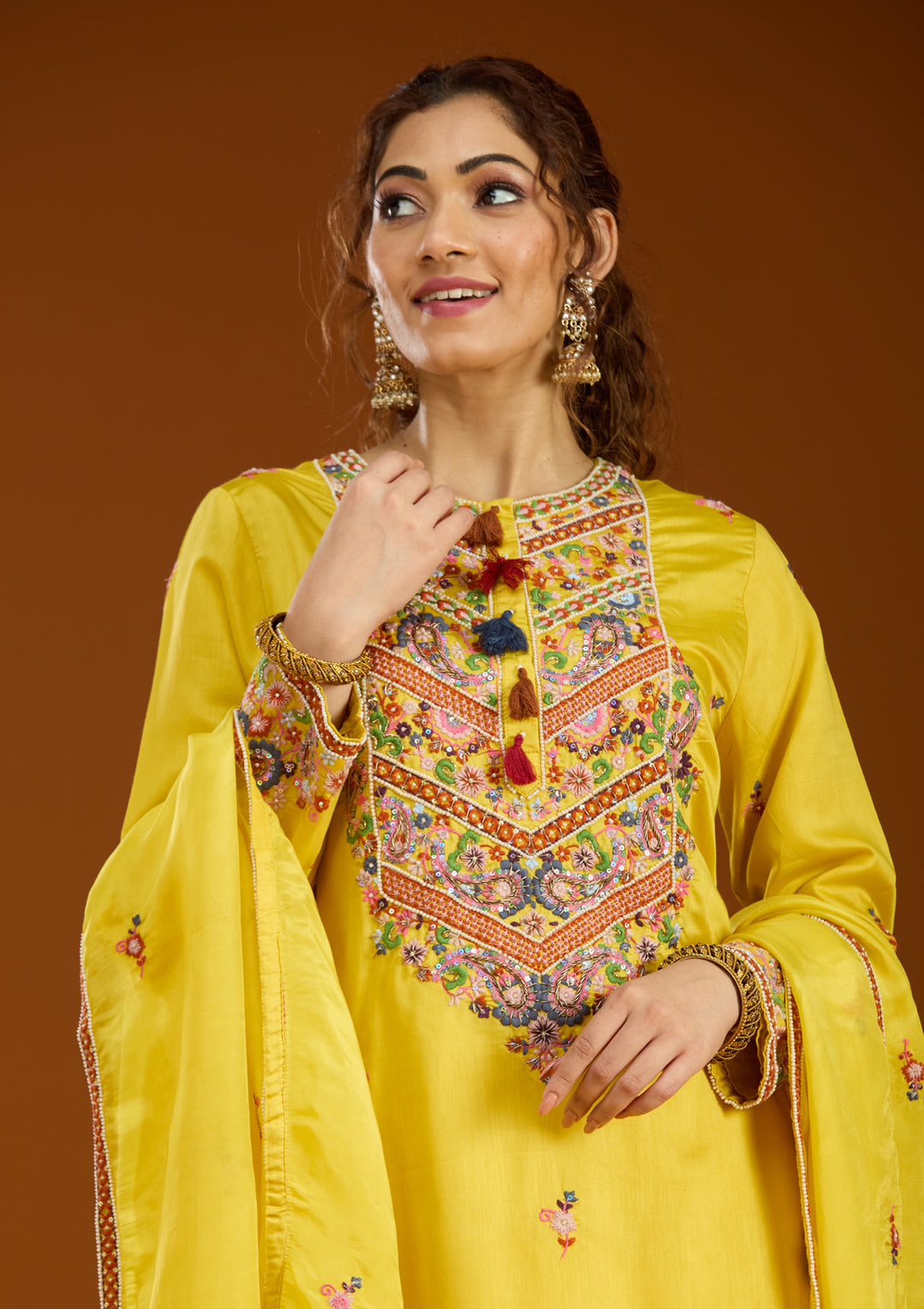 Mustard Yellow Chanderi Threadwork Straight Kurta With Palazzo And Dupatta
