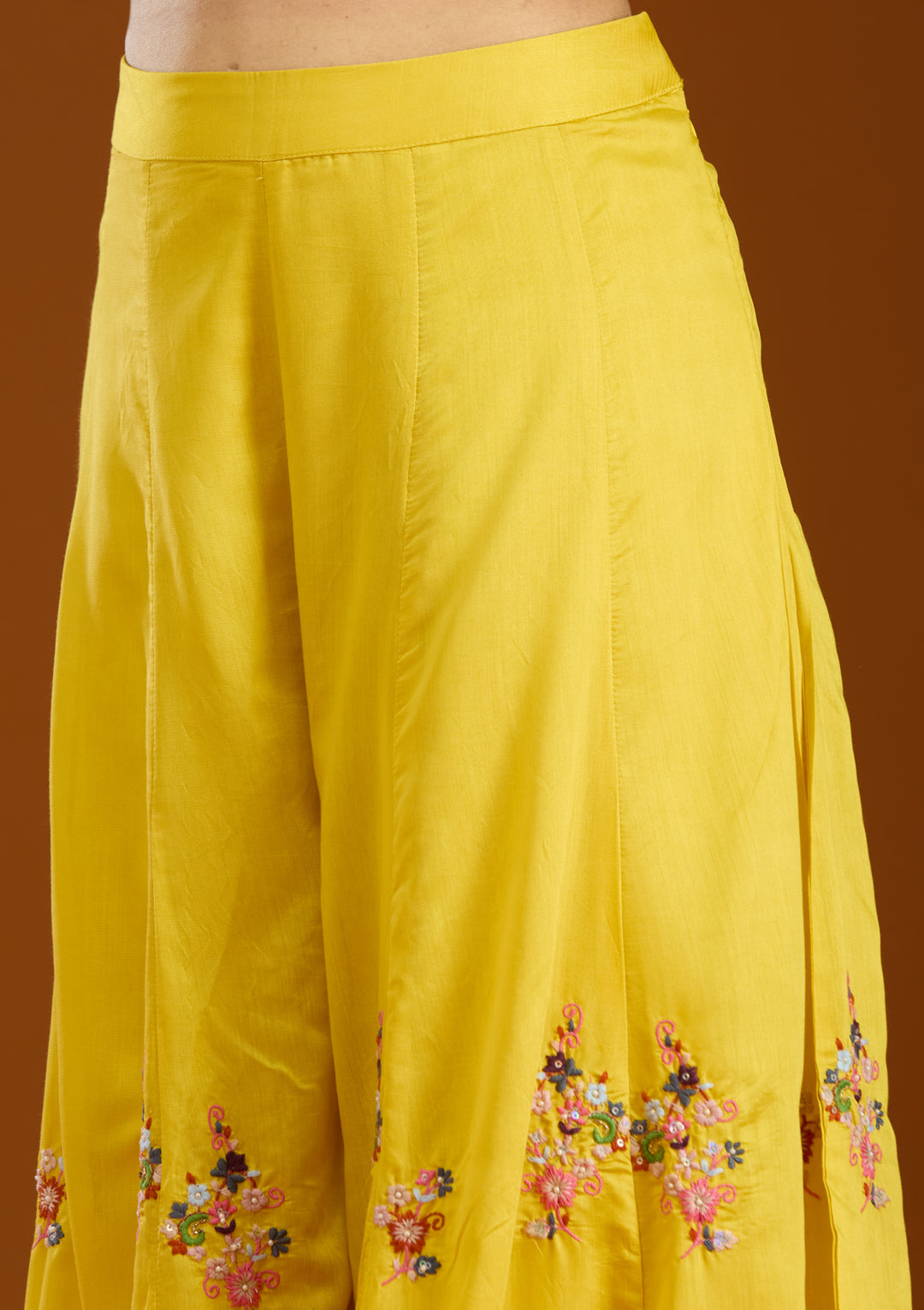 Mustard Yellow Chanderi Threadwork Straight Kurta With Palazzo And Dupatta