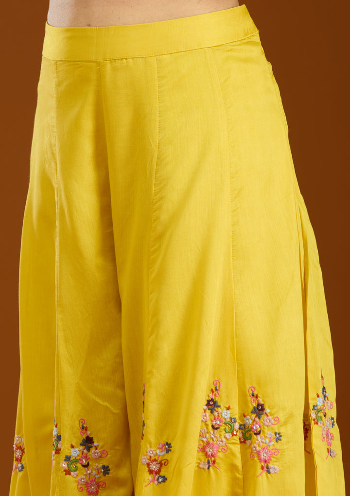 Mustard Yellow Chanderi Threadwork Straight Kurta With Palazzo And Dupatta
