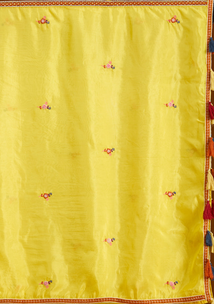 Mustard Yellow Chanderi Threadwork Straight Kurta With Palazzo And Dupatta
