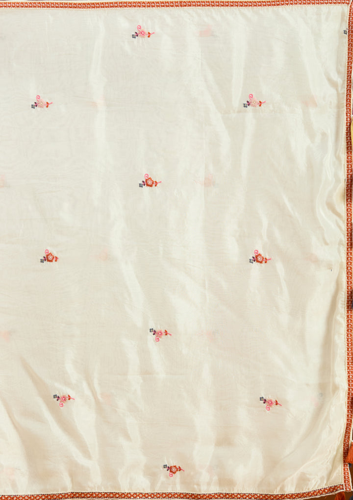 Off White Chanderi Threadwork Straight Kurta With Palazzo And Dupatta