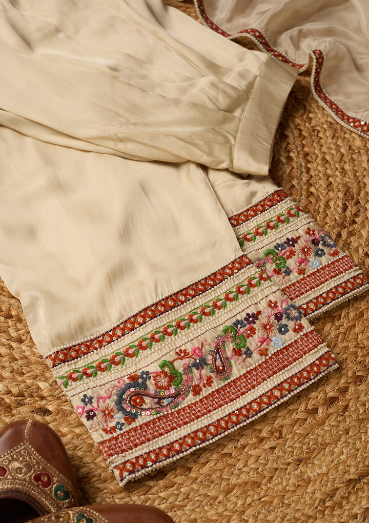 Cream Chanderi Threadwork Straight Kurta With Regular Pant And Dupatta