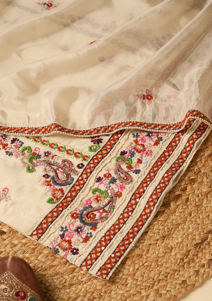 Cream Chanderi Threadwork Straight Kurta With Regular Pant And Dupatta