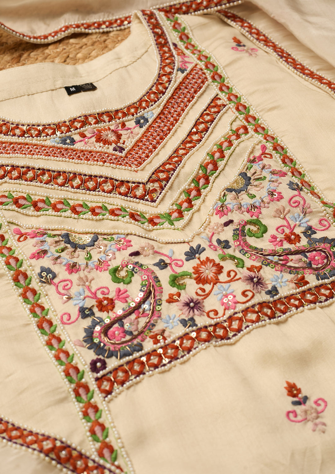 Cream Chanderi Threadwork Straight Kurta With Regular Pant And Dupatta