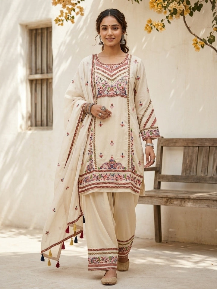 Cream Chanderi Threadwork Straight Kurta With Regular Pant And Dupatta