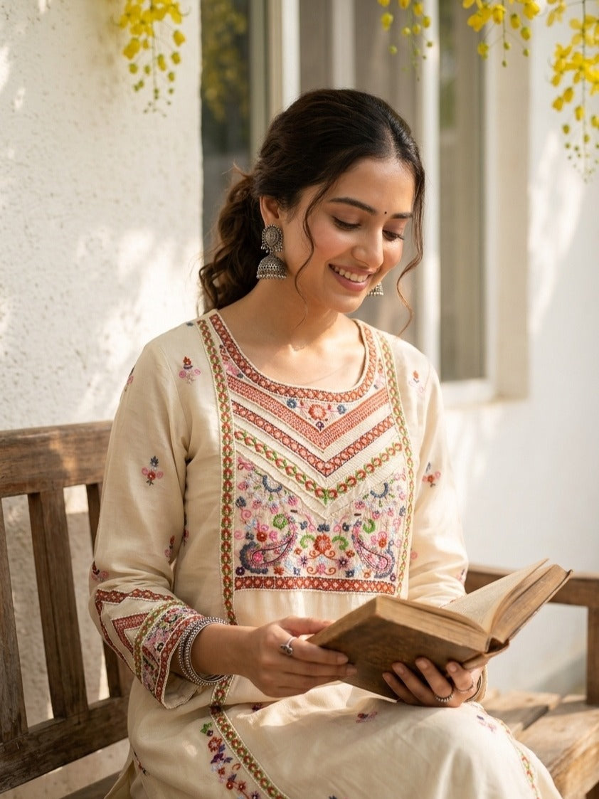 Cream Chanderi Threadwork Straight Kurta With Regular Pant And Dupatta