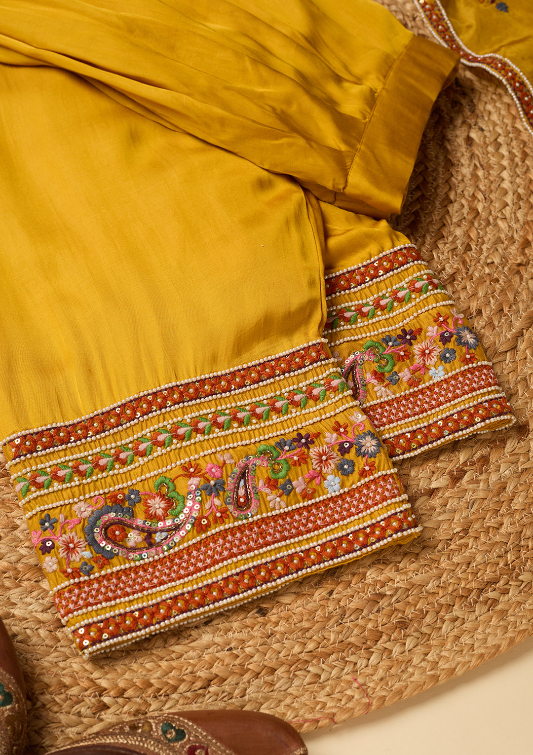Mustard Yellow Chanderi Threadwork Straight Kurta With Regular Pant And Dupatta