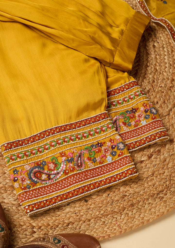Mustard Yellow Chanderi Threadwork Straight Kurta With Regular Pant And Dupatta