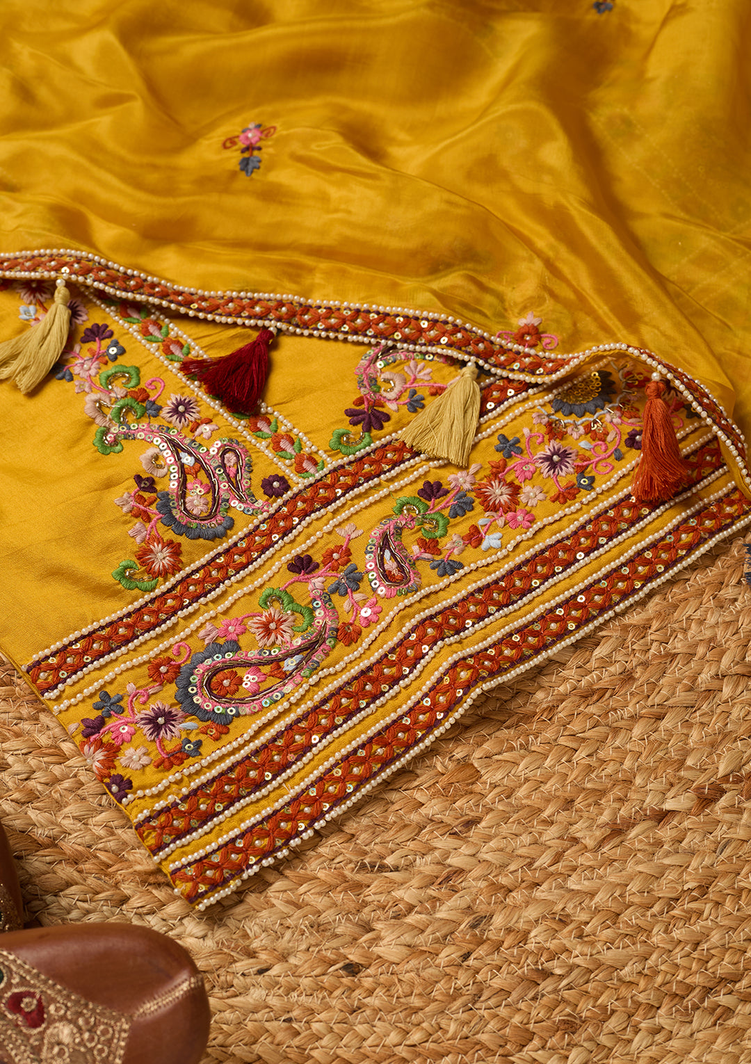 Mustard Yellow Chanderi Threadwork Straight Kurta With Regular Pant And Dupatta