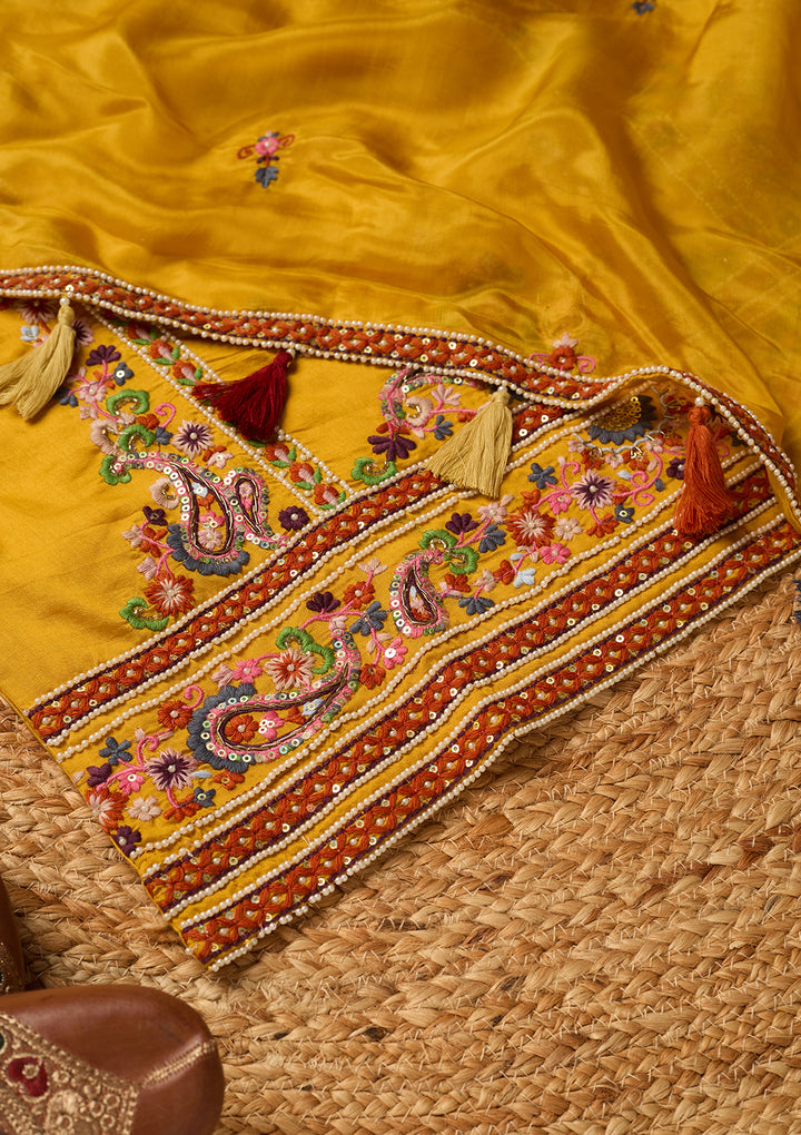 Mustard Yellow Chanderi Threadwork Straight Kurta With Regular Pant And Dupatta