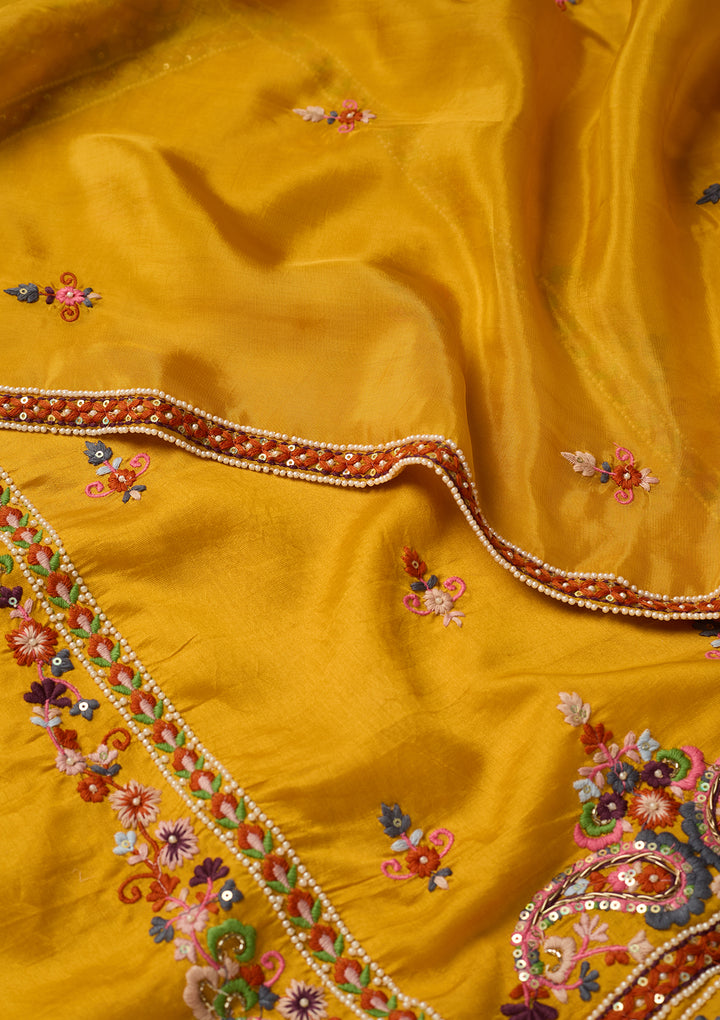 Mustard Yellow Chanderi Threadwork Straight Kurta With Regular Pant And Dupatta
