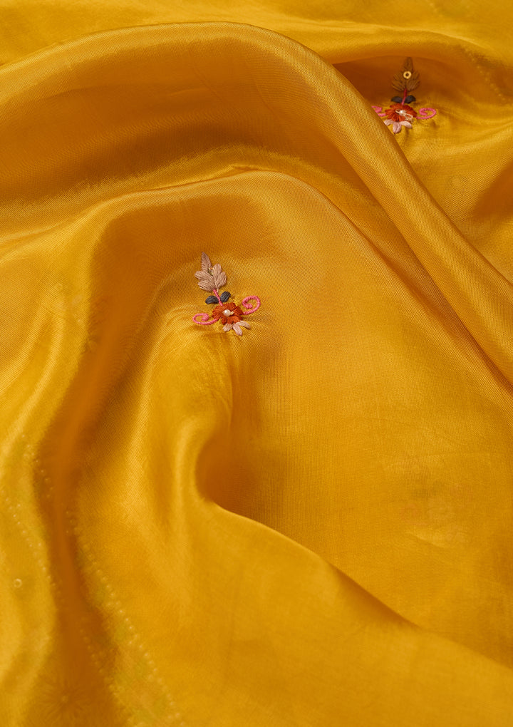 Mustard Yellow Chanderi Threadwork Straight Kurta With Regular Pant And Dupatta