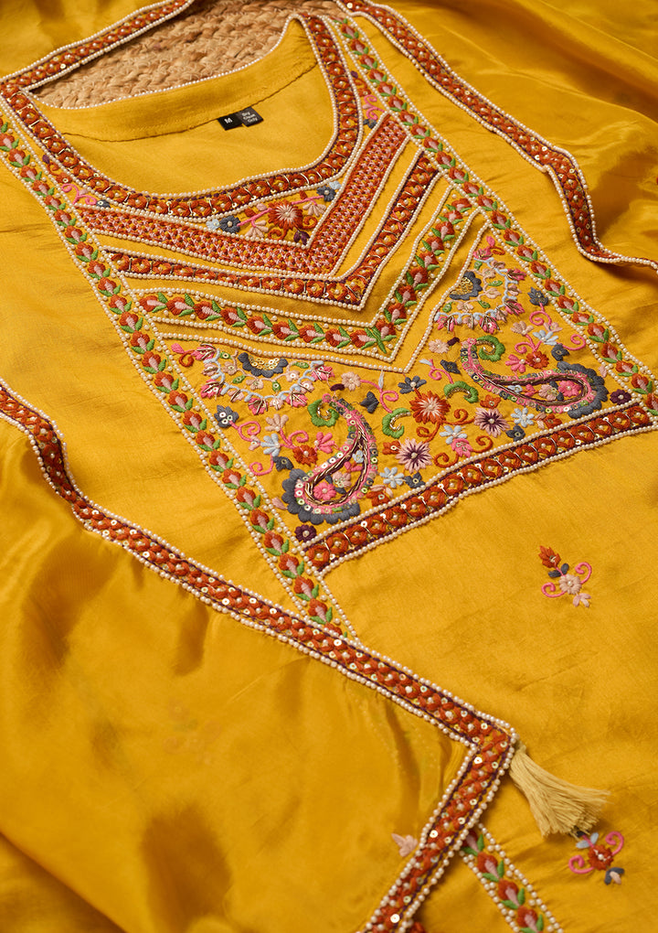 Mustard Yellow Chanderi Threadwork Straight Kurta With Regular Pant And Dupatta